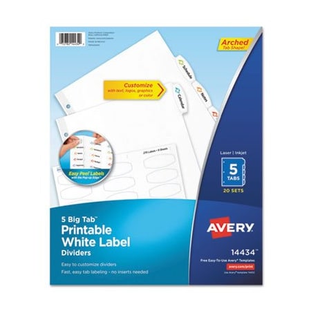 Avery Dennison Avery, BIG TAB PRINTABLE WHITE LABEL TAB DIVIDERS, 5-TAB, LETTER, 20PK 14434